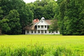 distant view of the Swiss house among the trees