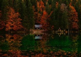 Landscape of houses and fallen autumnal leaves on a river