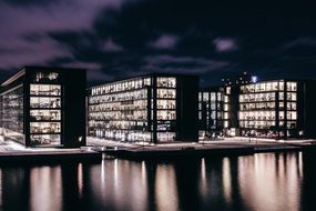 buildings with panoramic windows against the night sky in Copenhagen