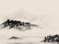 chinese painting sumi-e rocky mountains in the fog