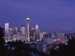 Cityscape of space needle at night in Seattle