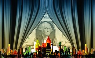 Dollar behind the curtain and city as a clipart