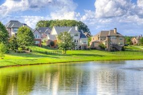 Landscape of cottages on a lake bank