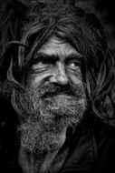 Black and white portait of the homeless man