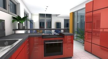 modern red kitchen set