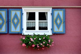 window with blue shutters on a pink wall