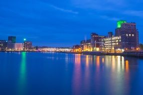 Harbor at dusk with Reflection on calm water, Netherlands, Rotterdam