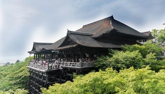 Japanese temple among lush vegetation in Kyoto