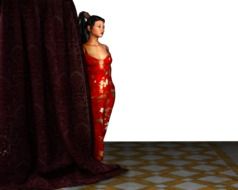beautiful girl behind a dark curtain as a 3D model