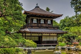 traditional Japanese building in a green garden, ginkaku-ji temple