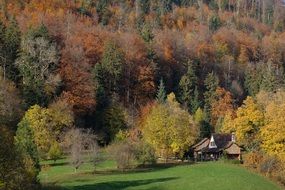 panorama of a cottage in an autumn valley