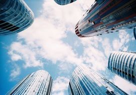 blue sky and glass skyscrapers, bottom view