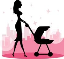 silhouette of mom with a stroller on a pink background