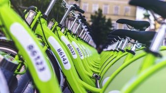 green bikes in a flat row close-up on blurred background