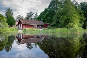 landscape of Wooden cottage on a lake bank