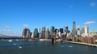 skyscrapers behind the brooklyn bridge, usa, nyc