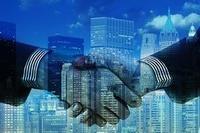 transparent handshake at skyscrapers, successful partnership concept