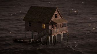 Boat beside of wooden Stilt house on water at evening
