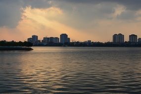 sunset over the lake in hanoi