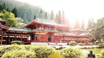 Beautiful temple in Asia in bright sunlight