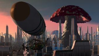airship near a big mushroom in a fairytale city