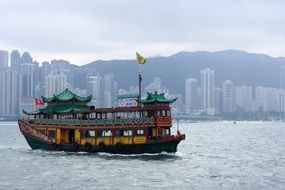 pleasure boat on the background of modern architecture in Hong Kong