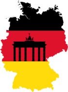Brandenburg Gate silhouette on colored map of Germany