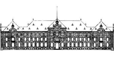 black and white graphic image of a large house in detail