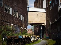 wagons on the backyard of the ruined factory