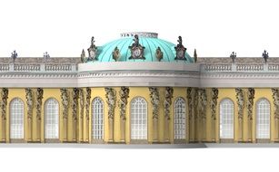 south facing garden facade of Sanssouci royal palace, drawing on white background