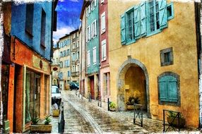 old colorful buildings at street, painting