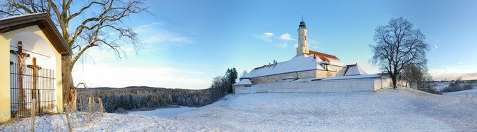 monastery on a snowy hill