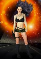 girl in a warrior costume on the background of the orange circle