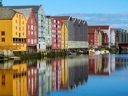 scenic colorful Storage Houses at water, Norway, Trondheim