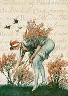 drawing of a woman picking flowers