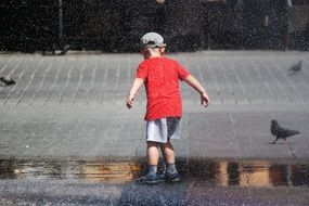 child on a city square with pigeons in summer