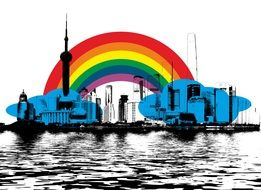 Clipart of the City silhouettes with the beautiful and colorful rainbow on background