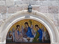 holy trinity, painting on wall of aged Church, Montenegro, Budva