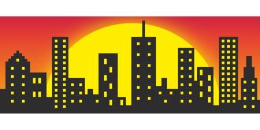 drawn megalopolis on a background of red sunset