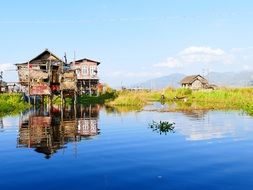 stilt houses on the lake waters in Myanmar