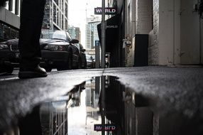 reflection of the street in a puddle
