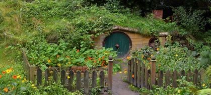 hobbit house in green garden