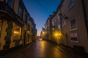 lighted street in england at night