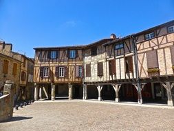 half-timbered houses on a city street