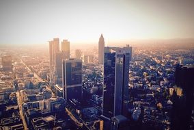 panorama of skyscrapers of frankfurt at sunset