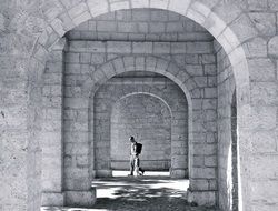 Black and white photo of the mysterious arches