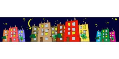 drawing of colorful houses on a background of the night sky