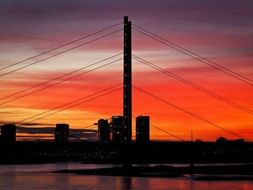 red sunset afterglow on the bridge in Dusseldorf