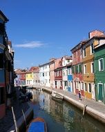 bright colorful houses Facades at canal, italy, venice, burano