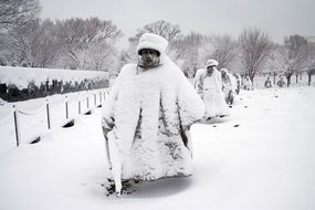 Korean War Veterans Memorial Statues covered with Snow, usa, washington dc